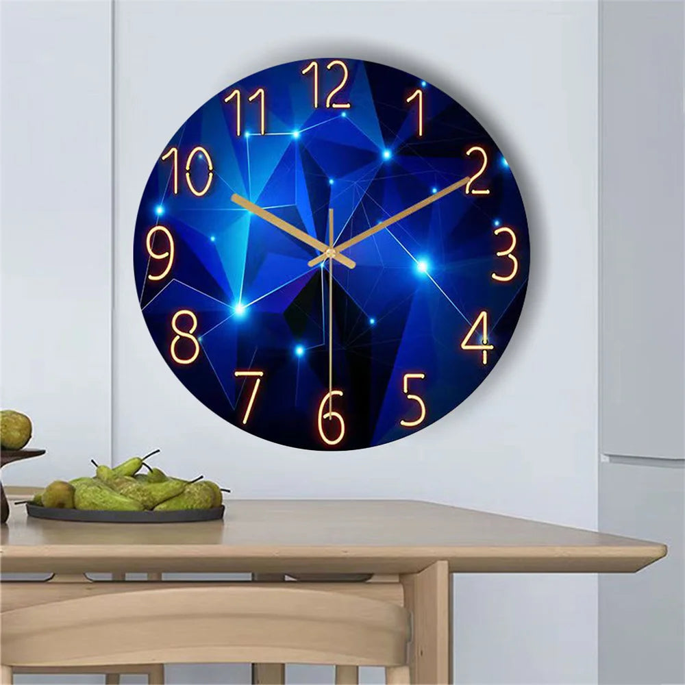 1pc 12inch Wall Clock Geometric Elements Dark Blue Thickened Tempered Glass Silent Movement Quartz Living Room Home