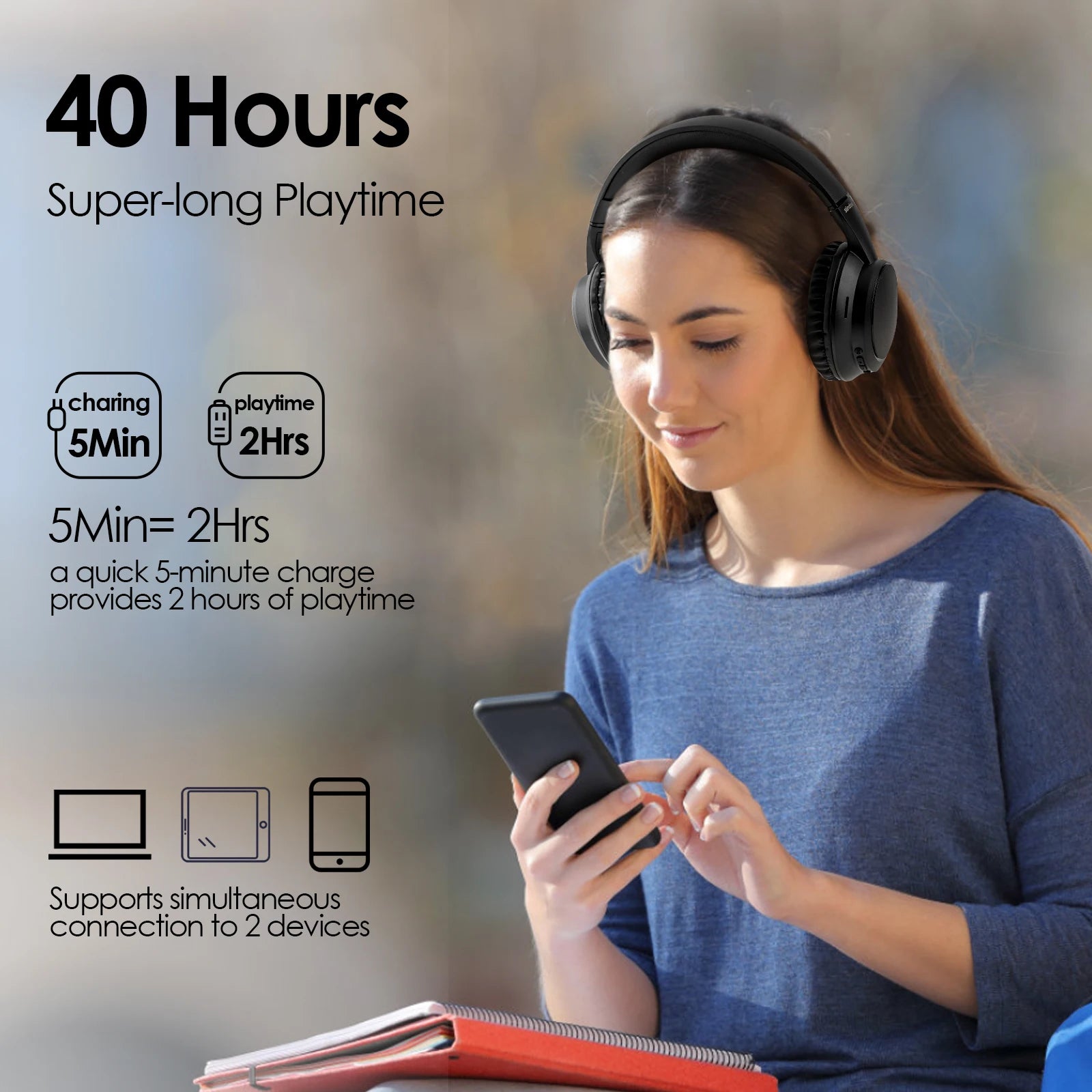 Siindoo JH-820 Wireless Bluetooth Headphones 60H Playtime,3 EQ Sound Modes,Foldable Lightweight Bluetooth 5.4