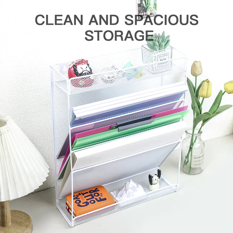 Wall-mounted file organizer Office mesh wall file holder Magazine paper holder with category name tag