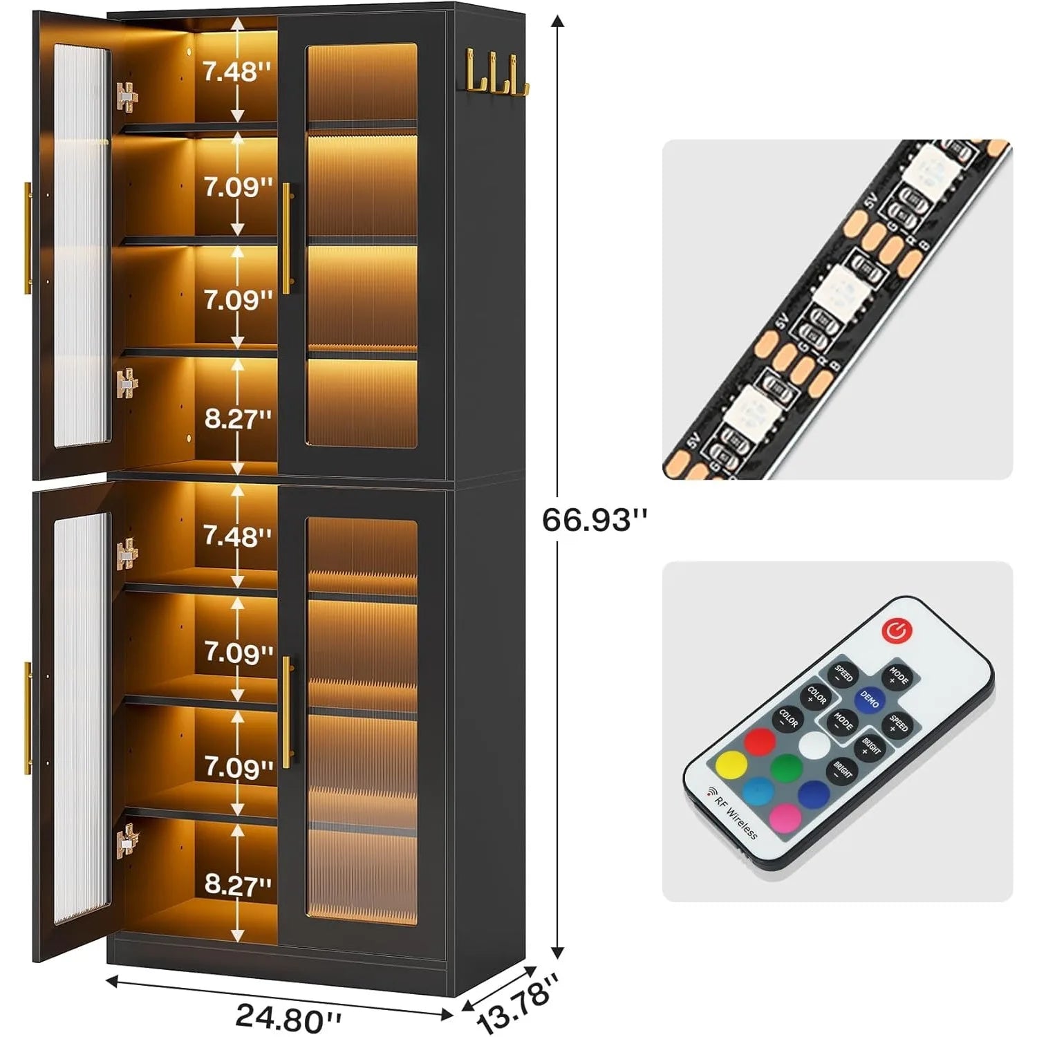 Bookcase with Doors and LED Light 67-inch Tall Bookshelf with 8-Tier Shelves for Living Room Bathroom Office Kitchen