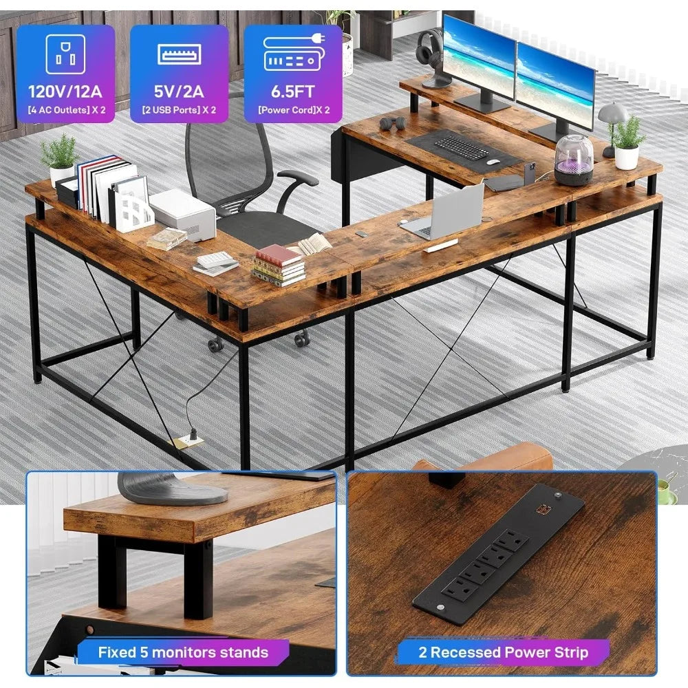 U/L Shaped Desk Reversible Computer Gaming Desk with Power Outlet & LED Light Large Corner Table with Monitor Stand &