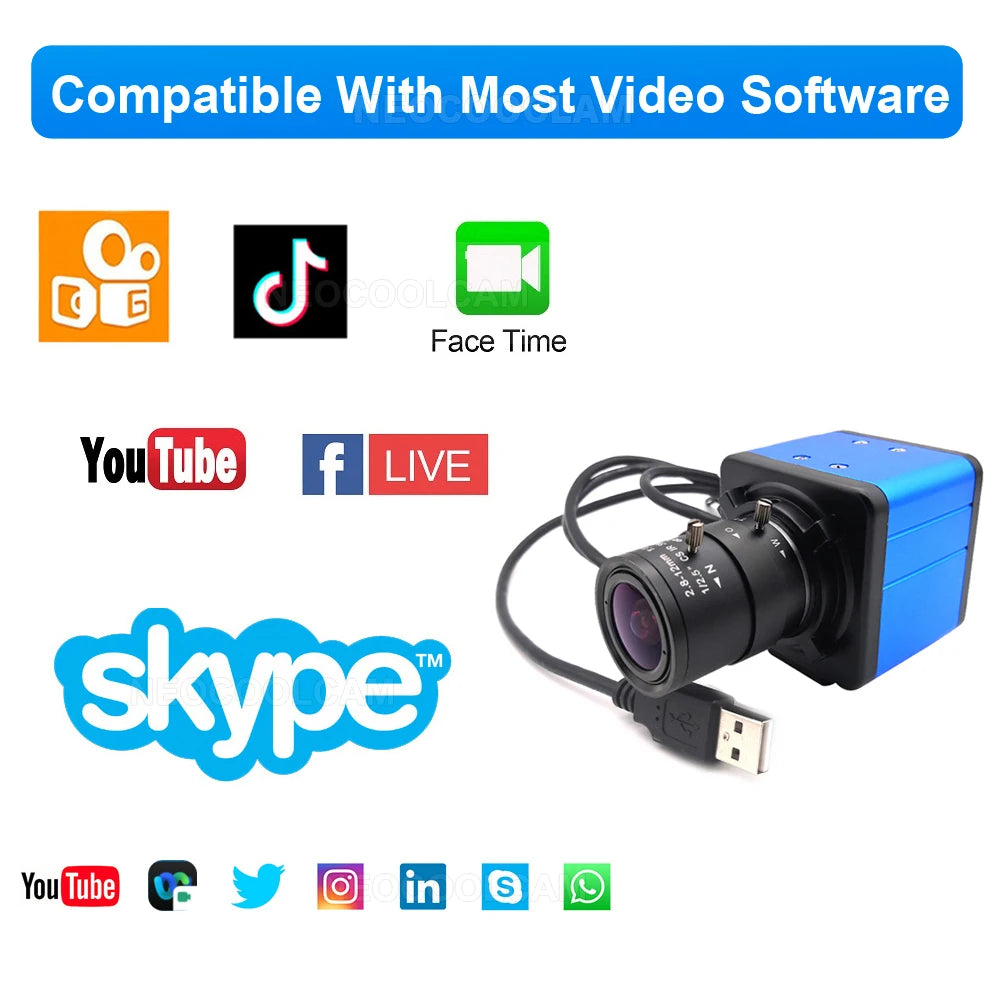 30fps Industrial 4K 8MP CCD IMX415 USB Webcam With 2.8-12mm/5-50mm Manual zoom Lens 2K 4MP UVC OTG PC Video Camera