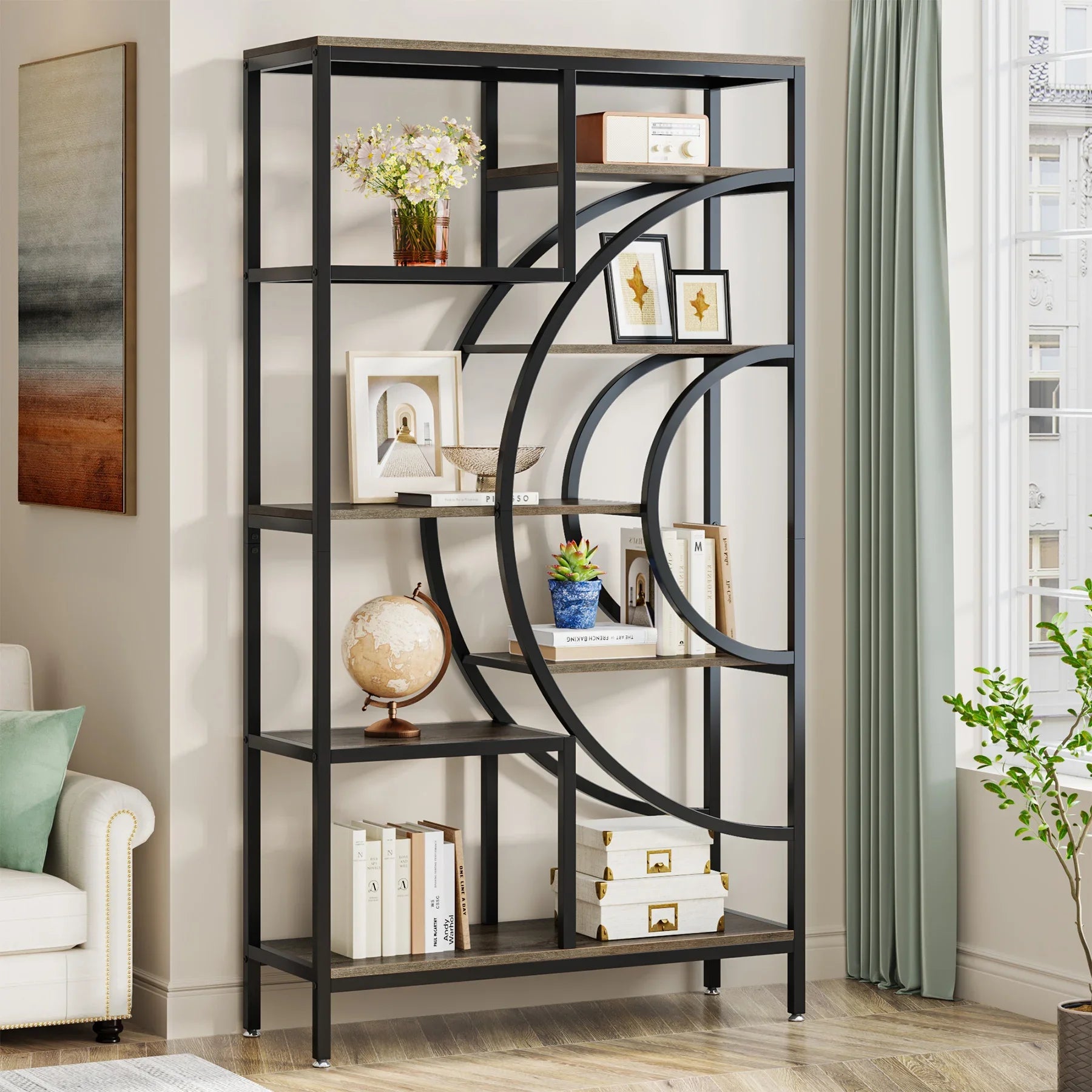 Tribesigns 71 inches Geometric Bookcase 8-Tiers Bookshelves Rustic Bookcase with Metal Frame Freestanding Open Shelving