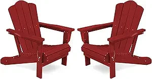 KINGYES 2-Piece Folding Adirondack Chair Set - Durable HDPE Patio Chairs with Wooden Texture for Outdoor Use - Red