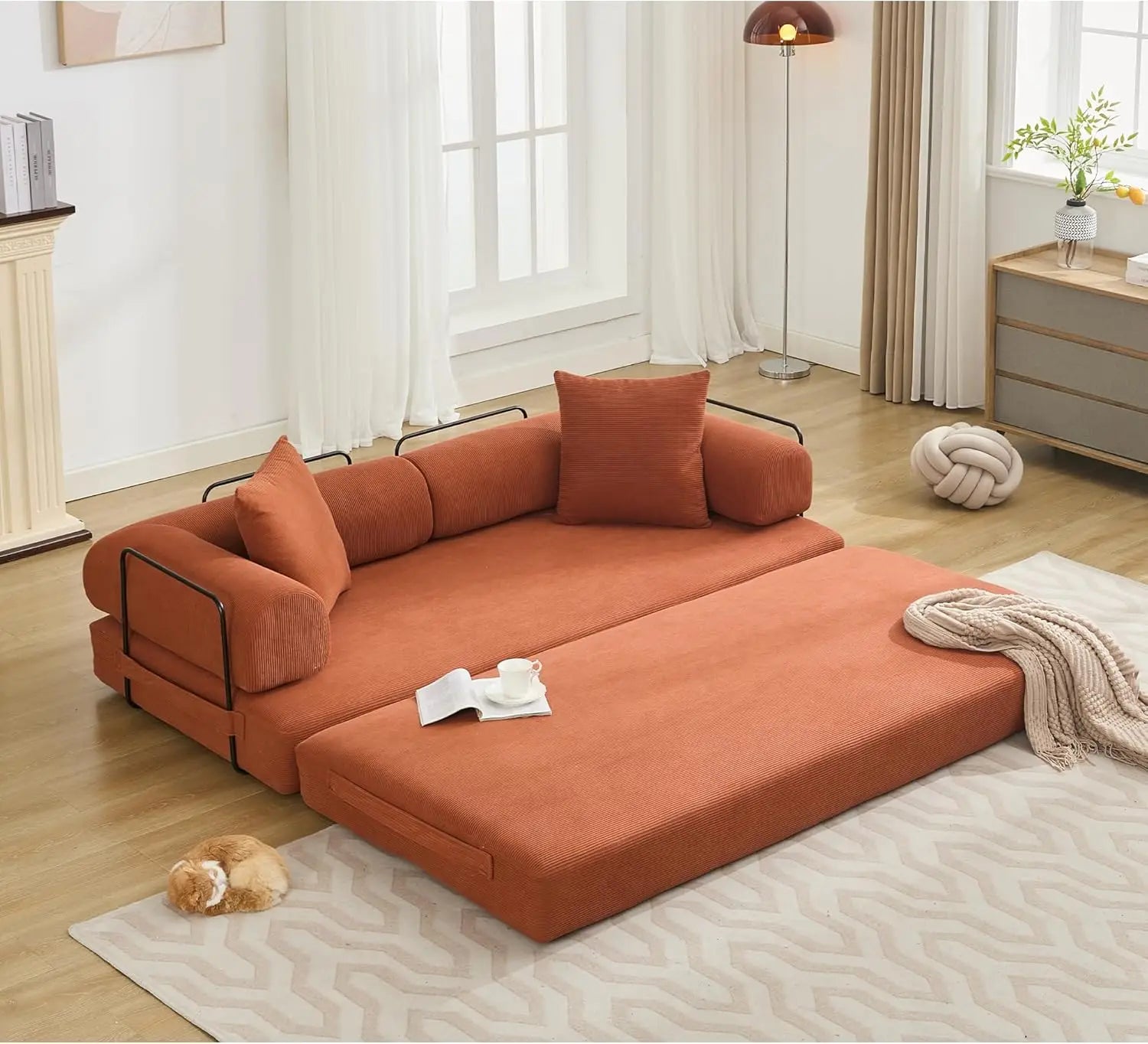 Convertible Sleeper Sofa Bed with Cylindrical Pillow Corduroy Folding Mattress Couch with Fixed-Shape Frame Floor Sofa