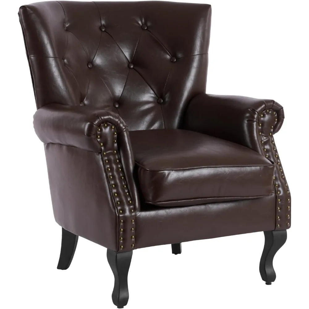 PU Leather Accent Chair Mid-Century Modern Armchair Living Room Club Chair with Tufted Button & Rivet Trim Upholstered
