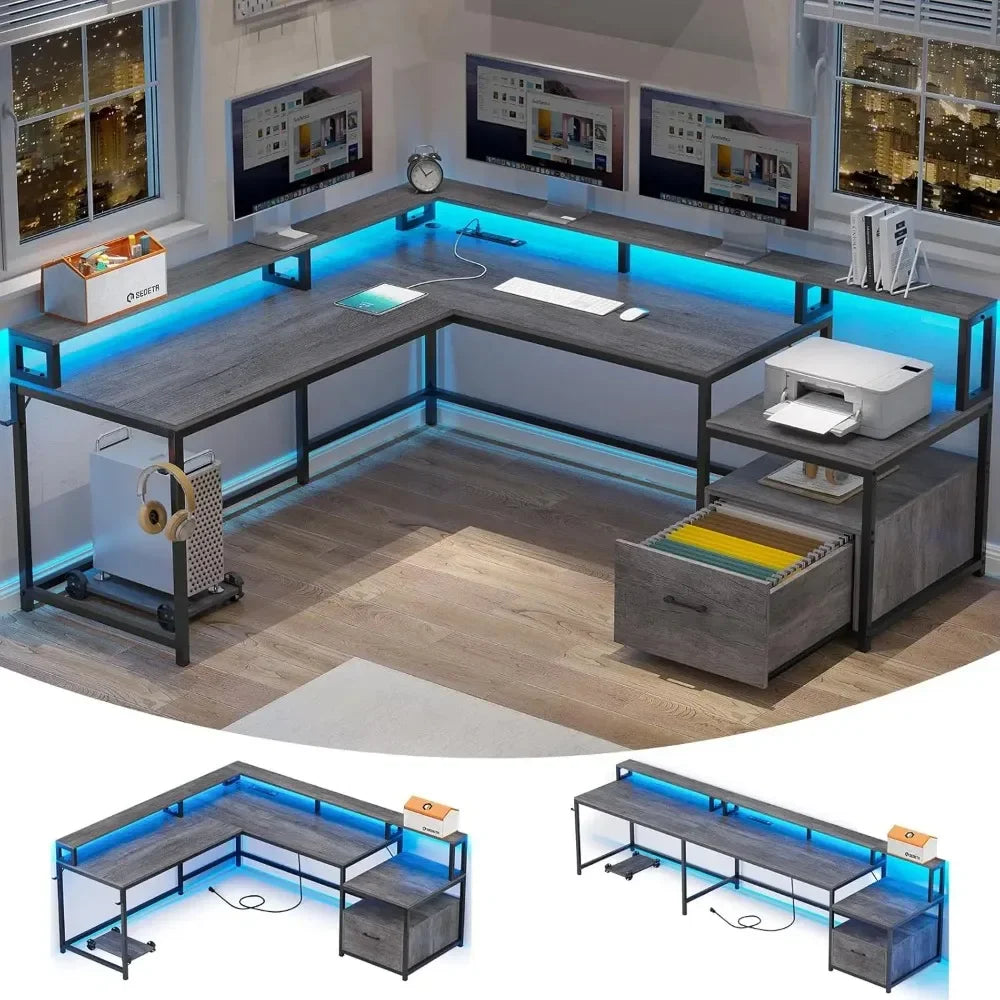 L Shaped Office Desk 66’’ Home Office Desk with File Drawer & Power Outlet Gaming Desk with Led Lights