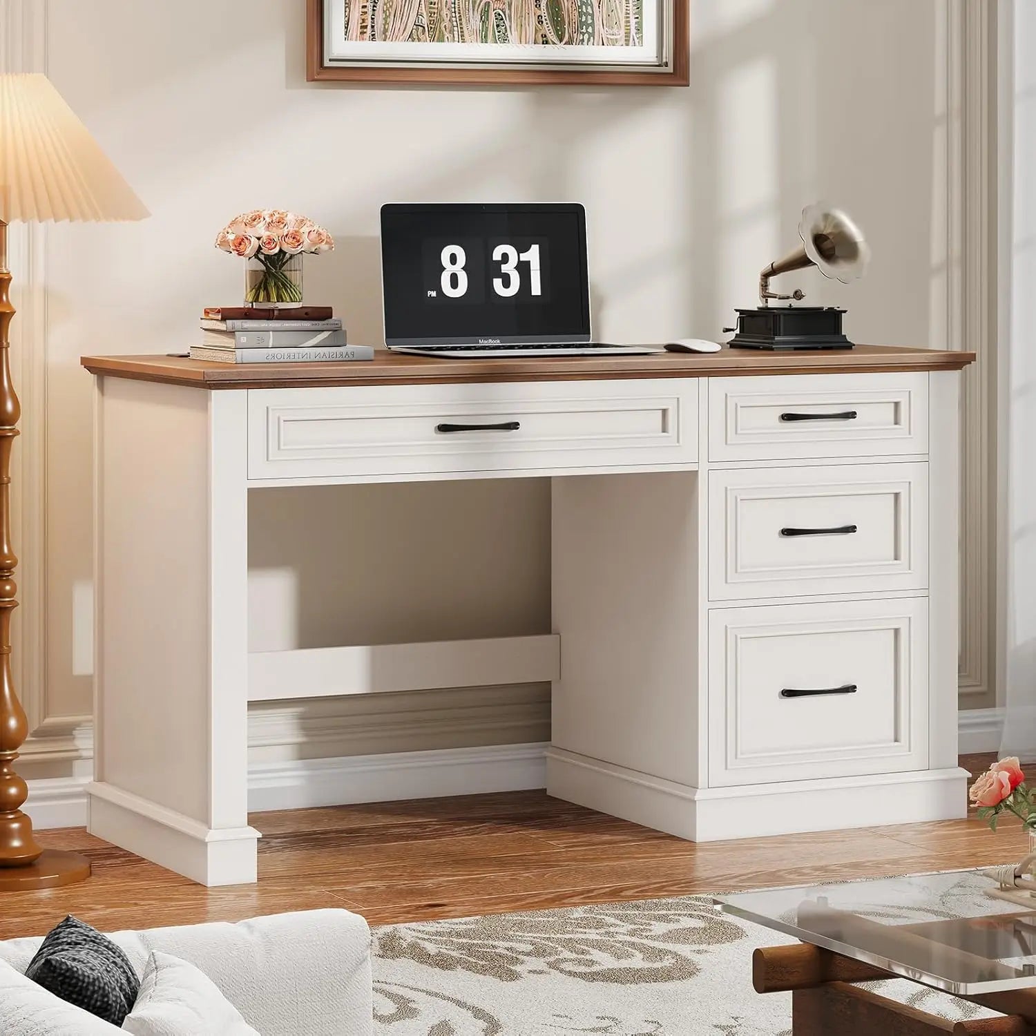 Farmhouse 47’’ Executive Desk Computer Desk with Drawers and File Drawer Workstation Computer Desk with Charging