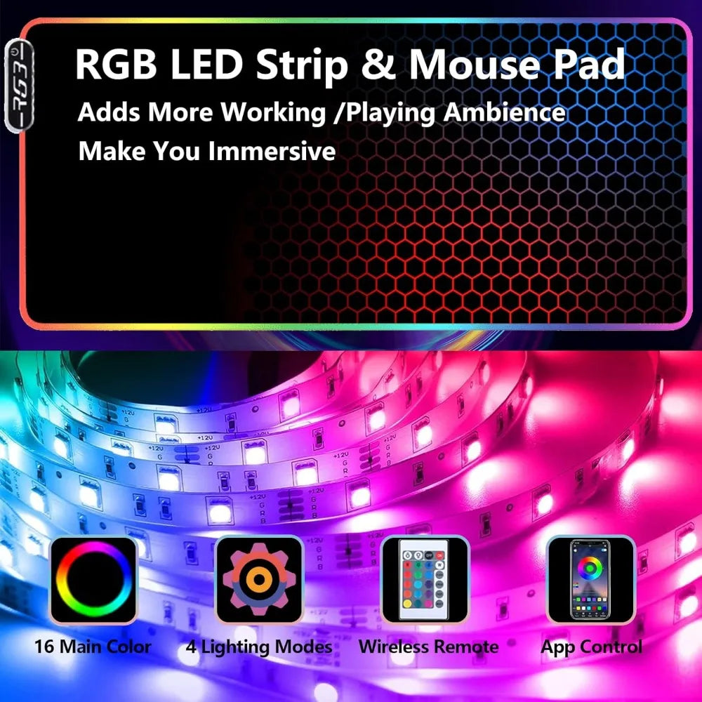 Computer Desk with Power Outlet & Led Light 63’’ Large Wing-Shaped Gaming Desk with Full Monitor Stand Wireless