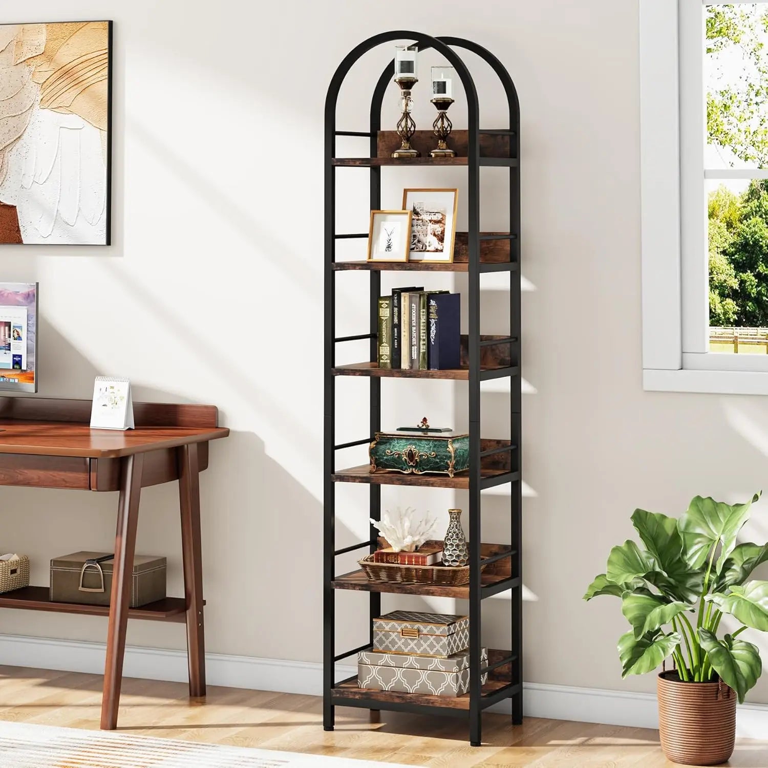 78.7’’ Tall Arched Bookcase 6-Tier Open Bookshelf Industrial Bookcase for Living Room Study Bedroom Black - Rustic