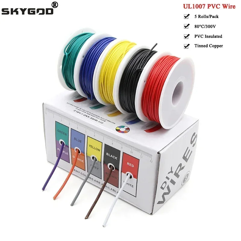 （5 Colors Mix Kit）UL1007 Wire PVC Insulation Tinned Copper Cable Stranded Electrical Line 30/28/26/24/22/20/18/16 AWG