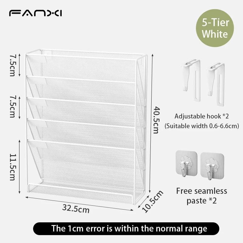 Mesh wall file storage rack 5-layer vertical mounting rack Magazine rack with bottom flat tray side closed black