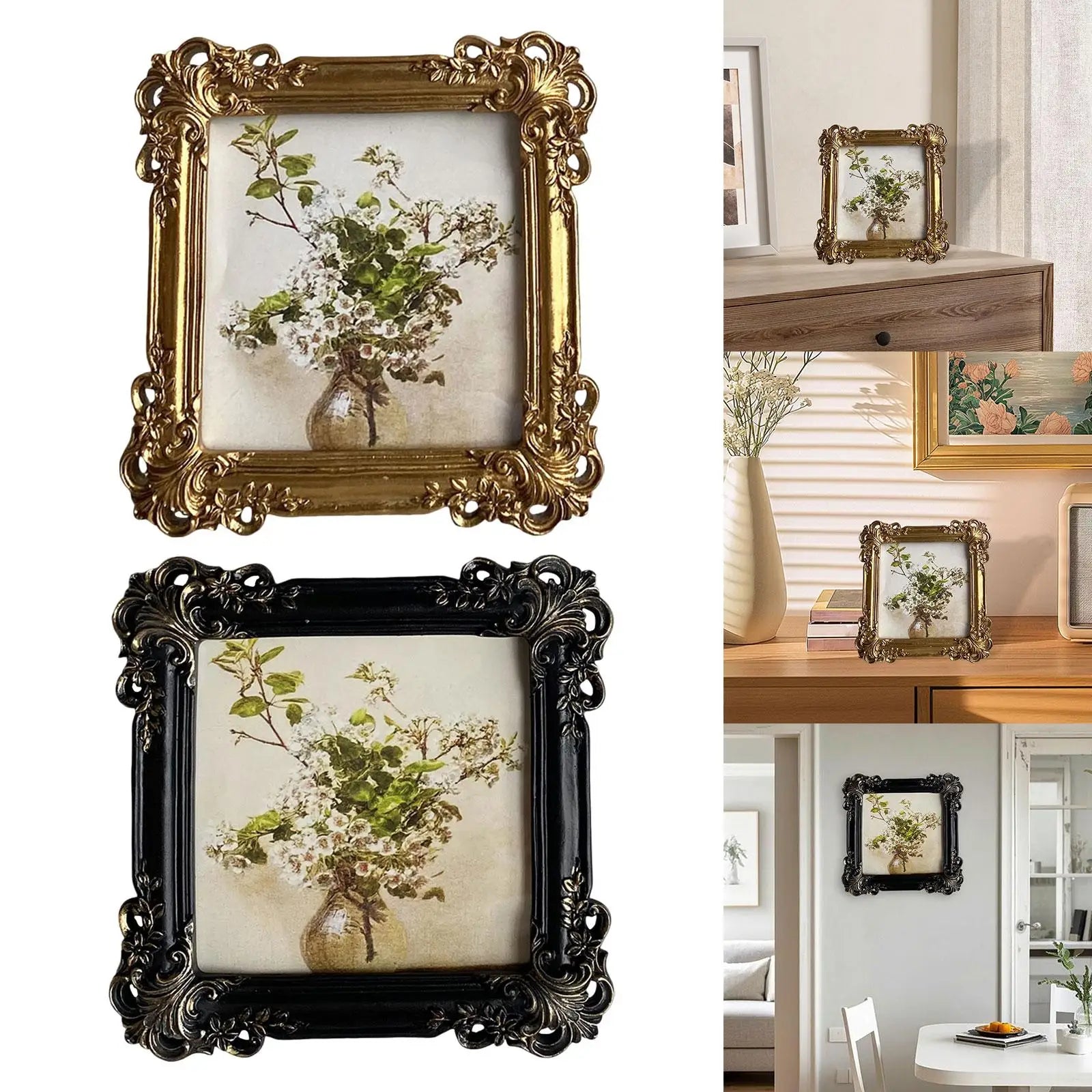 Vintage Picture Frame Photo Holder Floral Design Ornament Home Decor Photo Frame for Table Library Book Shop Bedroom