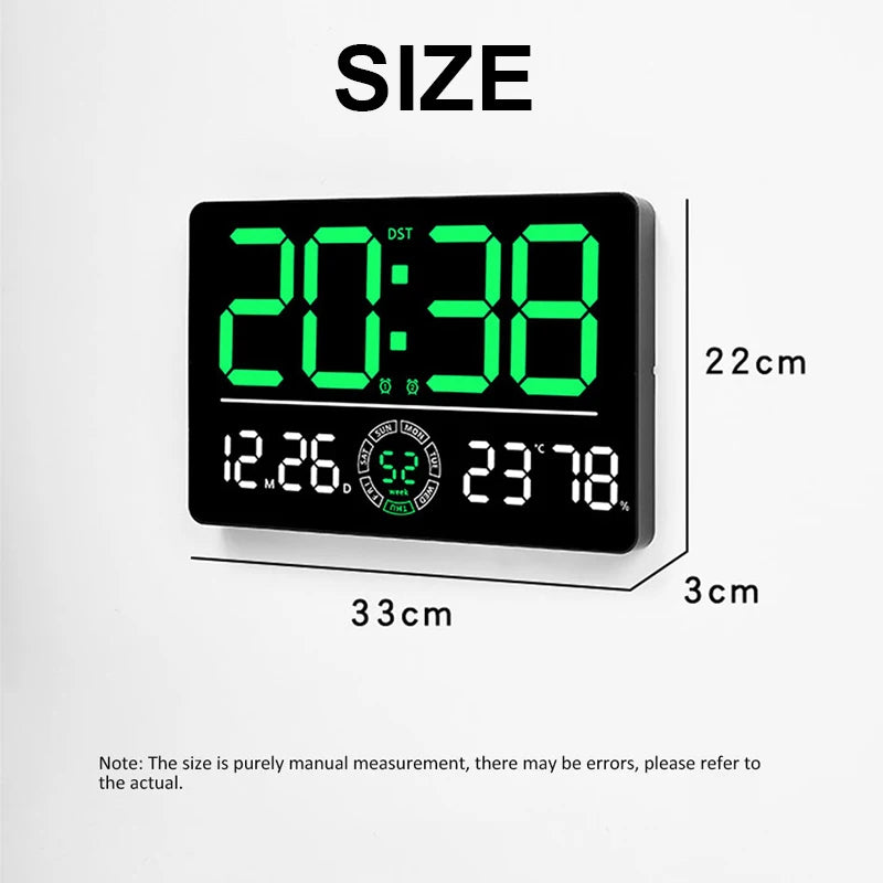 Large Digital Wall Clock 10 Brightness Adjustment Dual Alarm LED Clocks Week + Number of Weeks Alarm Clock with Timing