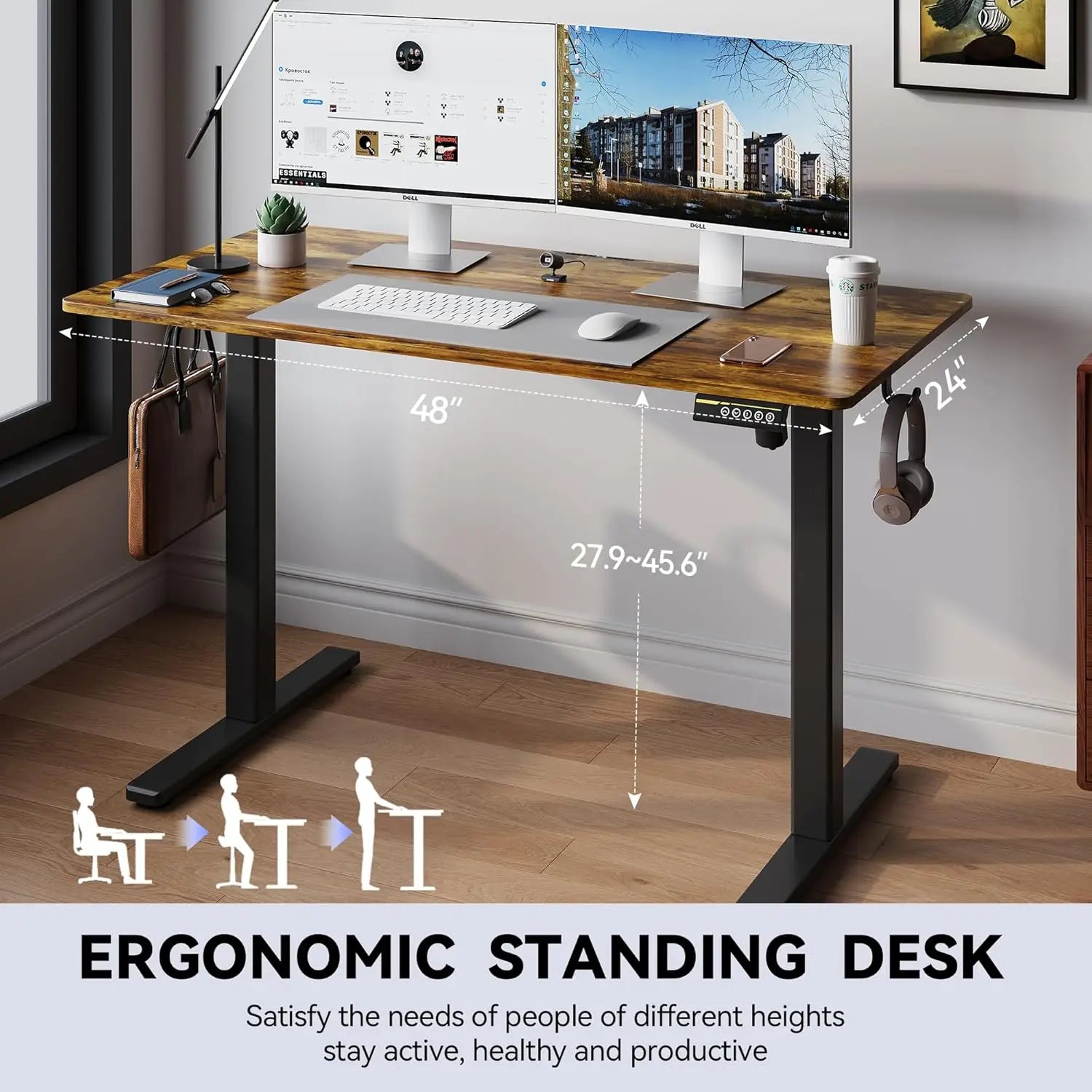Electric Standing Desk 48x24 Adjustable Height with Wheels Ergonomic Sit Stand Desk for Office Home Workstation Rustic