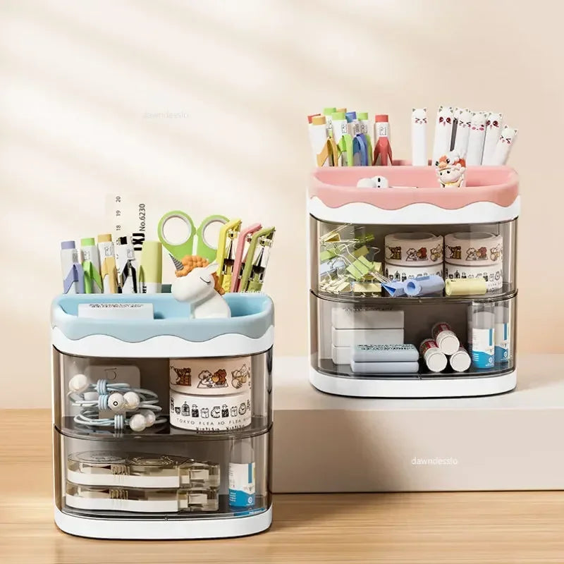 Practical Multi-Functional Desk Organizer Pen Holder Double Layers Rotating Pencils Storage Rack Student Cosmetics