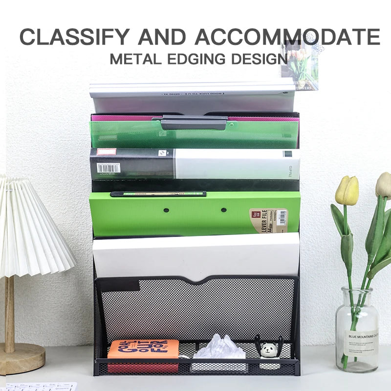 Mesh wall file storage rack 5-layer vertical mounting rack Magazine rack with bottom flat tray side closed black