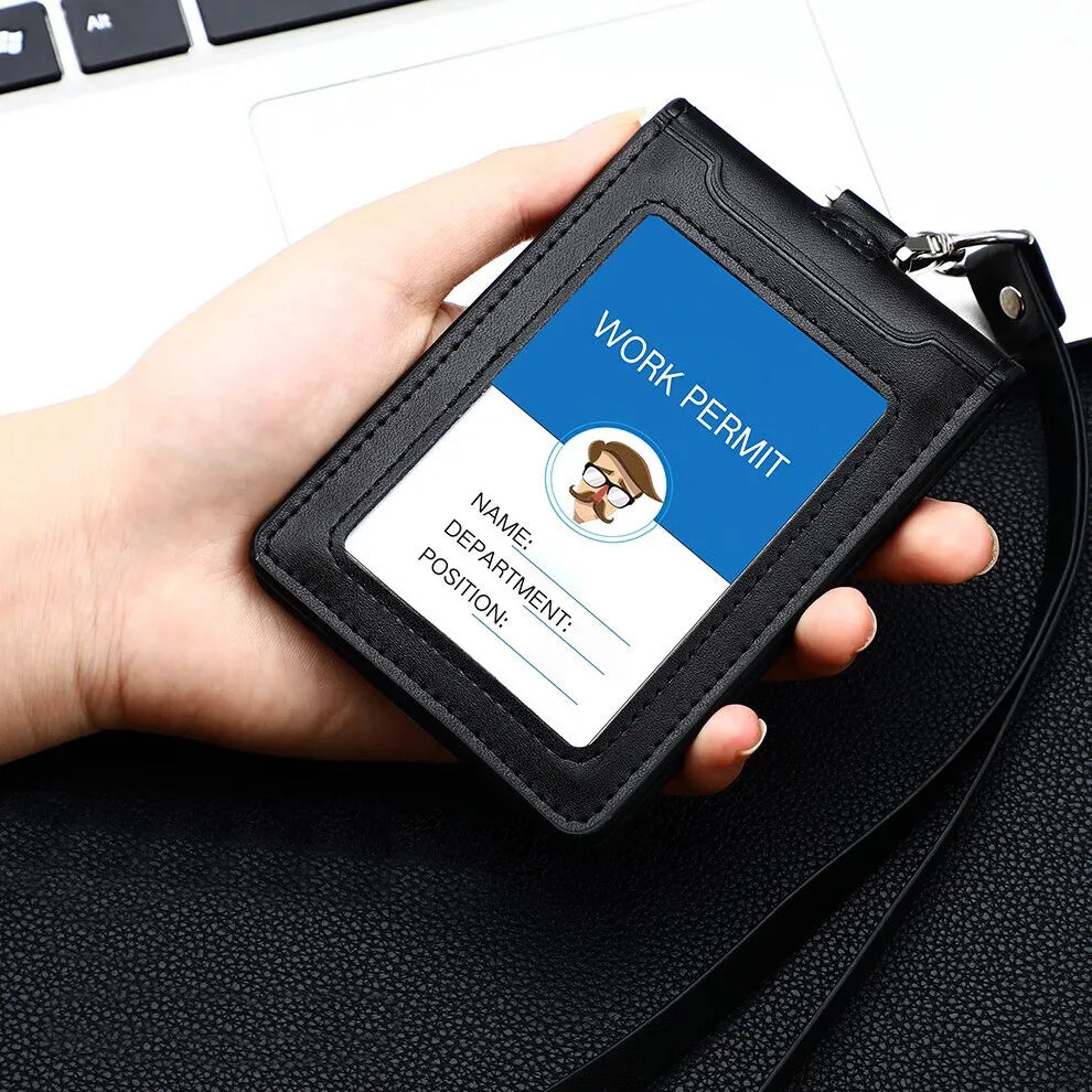 Professional Durable ID Card Holder Business Real Leather Office Staff Badge Cases with Lanyard Aviation Style