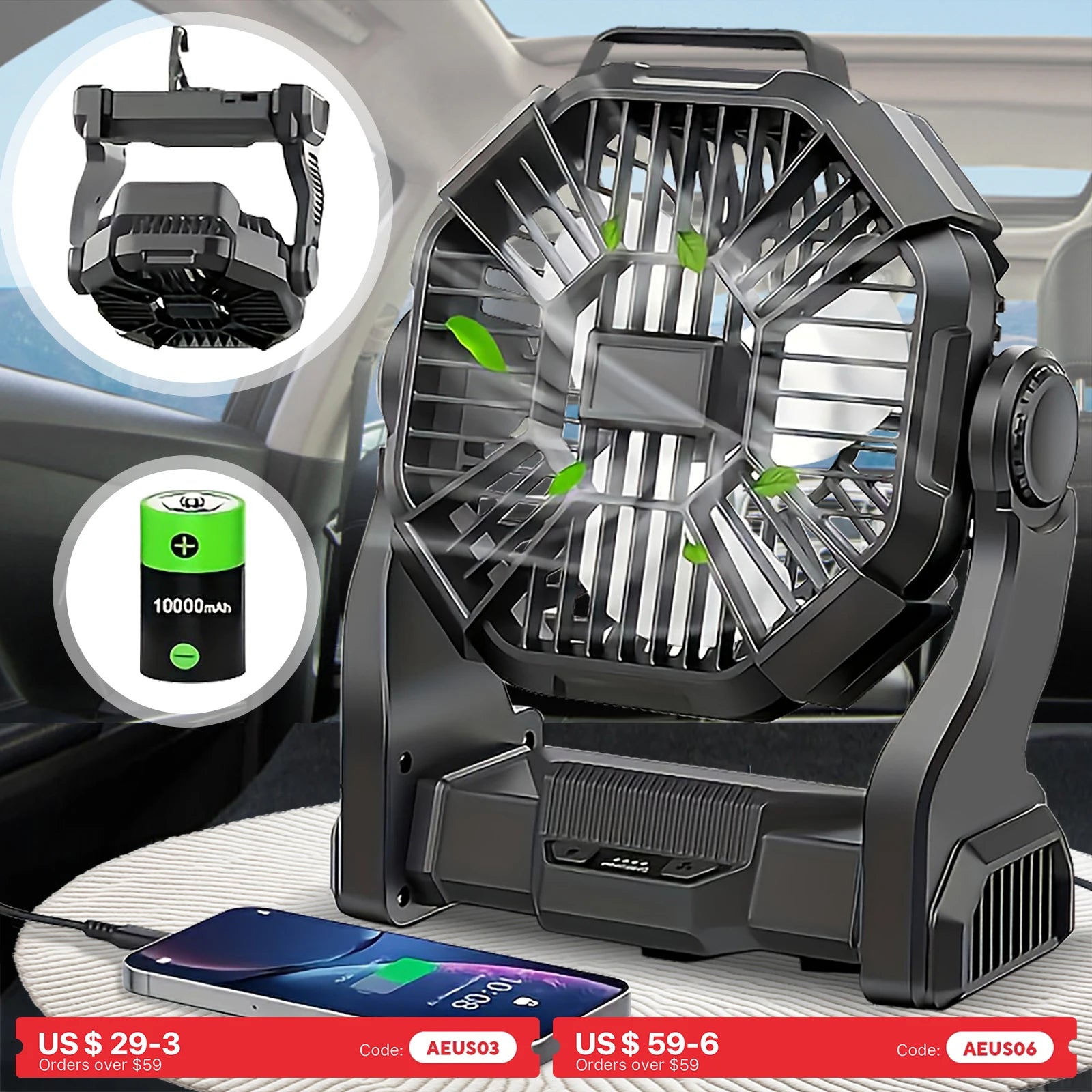 Three-In-One Portable Camping Style Fan with Led Light Rotating Hook Mobile Phone Emergency Power Supply Function USB