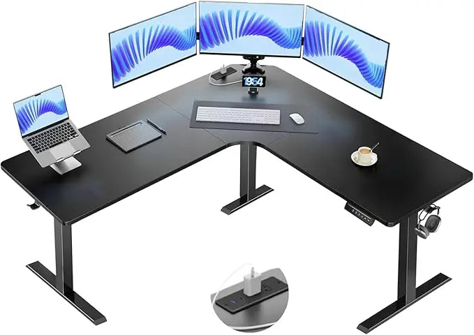 Electric L Shaped Standing Desk 63’’ x 63’’ Height Adjustable Corner Standing Desk with Built-in Power Outlets &