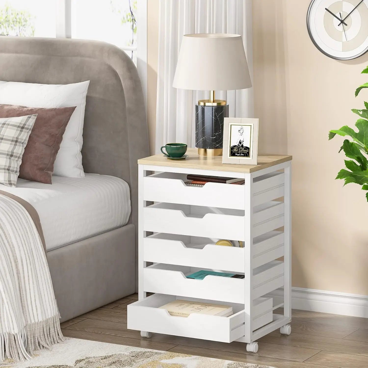 5 Drawer Chest Wood Storage Dresser Cabinet with Wheels Industrial Storage Drawer Organizer Cart for Office Bedroom