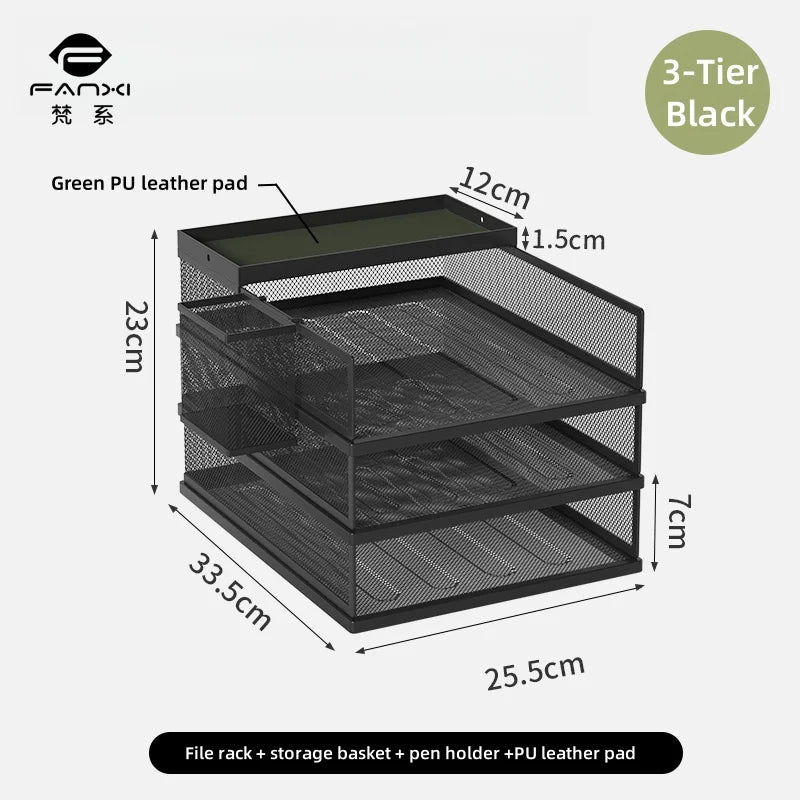 Metal File Stack Stackable Desk Organizer Office Desktop Organizer Multilayer File Tray with a Hanging Pen Holder Desk