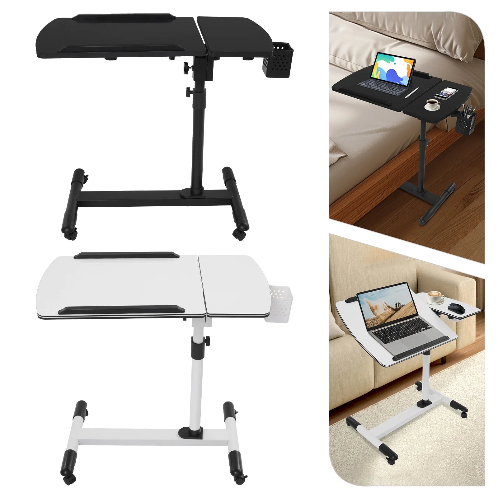 MDF Overbed Table,White/Black Rectangular Height Adjustable Over Bed Bedside Desk Floorstanding 68*40cm for Placing