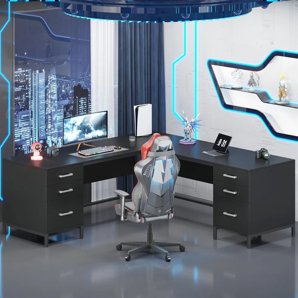 59’‘ L Shaped Desk with 6 Wood Drawers Large Home Office Corner Computer Desk with Storage File Cabinet,Modern Metal