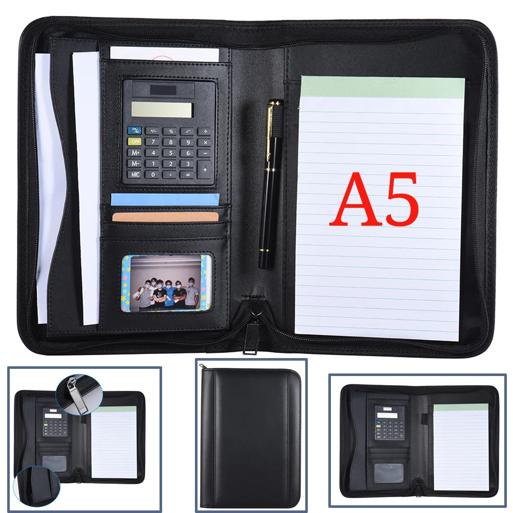 A5 Business Portfolio Padfolio Folder Document Case Organizer A5 PU Leather Zippered Closure Calculator Card Holder