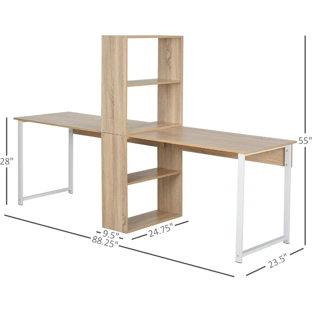 88’’ Extra Long 2-Person Computer Desk with Storage Shelves Combo Double Workstation Storage Study Writing Table