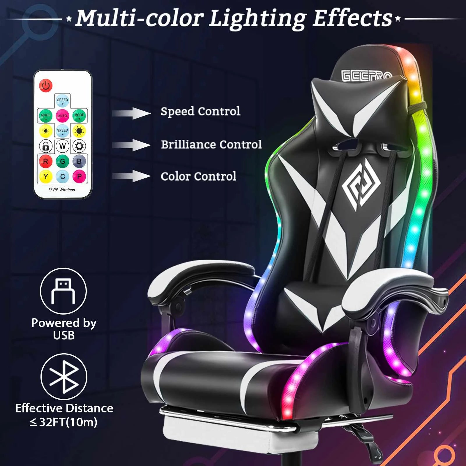 135 Degrees Gaming Chair RGB Light Office Chair Bluetooth Speaker Gamer Computer Chair Ergonomic Swivel 2 Point Massage