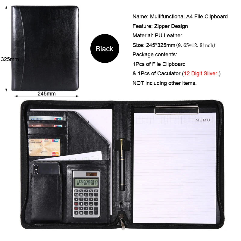 Multifunctional A4 Leather Conference Portfolio Folder for Document Organizer Zippered Man Executive Folder Briefcase