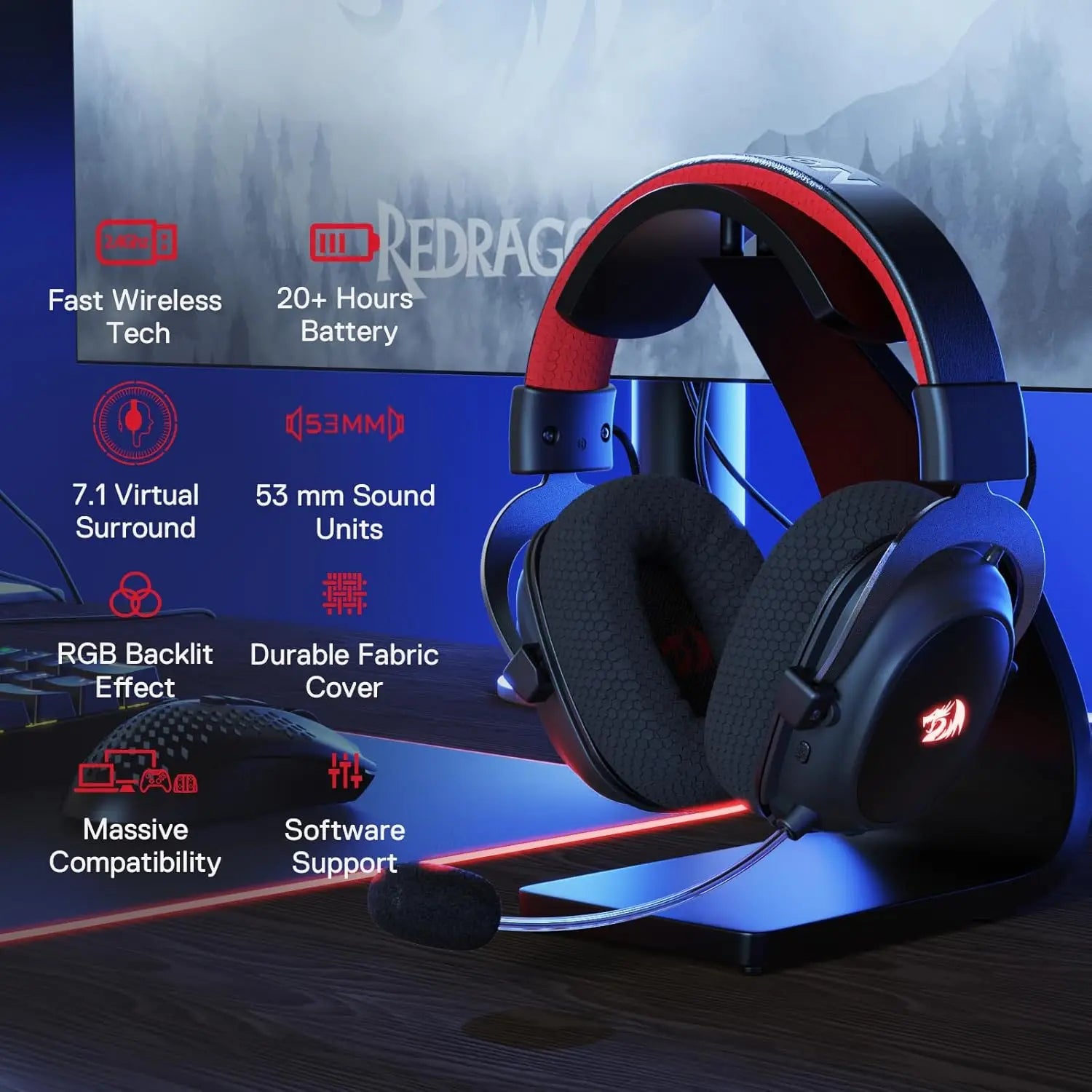 Redragon H510 PRO Zeus-X RGB Wireless Gaming Headset 7.1 Surround Sound 53MM Audio Drivers Multi Platforms Headphone