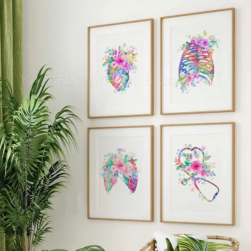 Heart Brain Lungs Kidney Rib Cage Liver Medical Floral Anatomy Poster Wall Art Canvas Print Painting Doctor Office