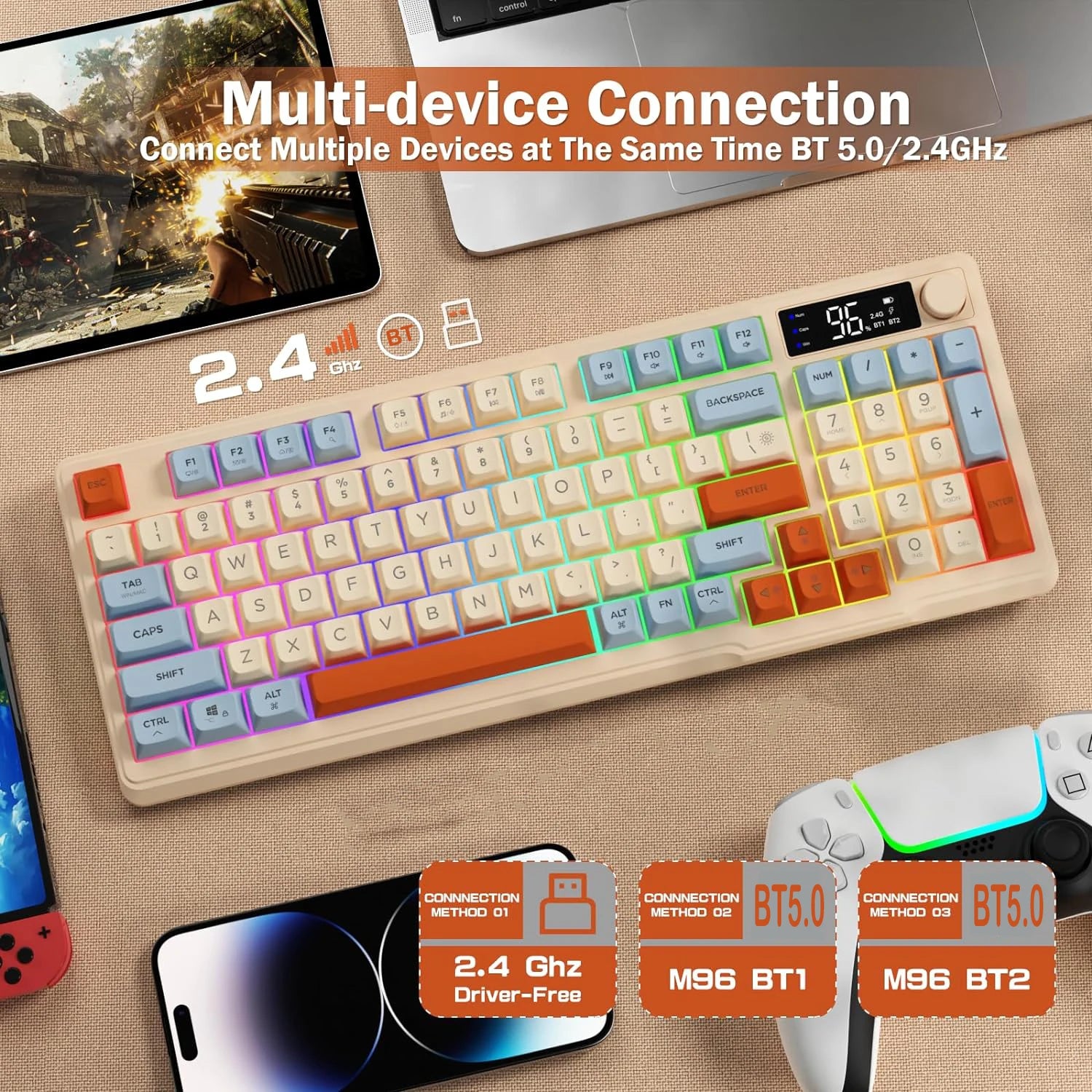 ZIYOU LANG Wireless Gaming Keyboard with Display Screen & Knob Bluetooth/2.4GHz Quiet Membrane Keyboard 3000mAh