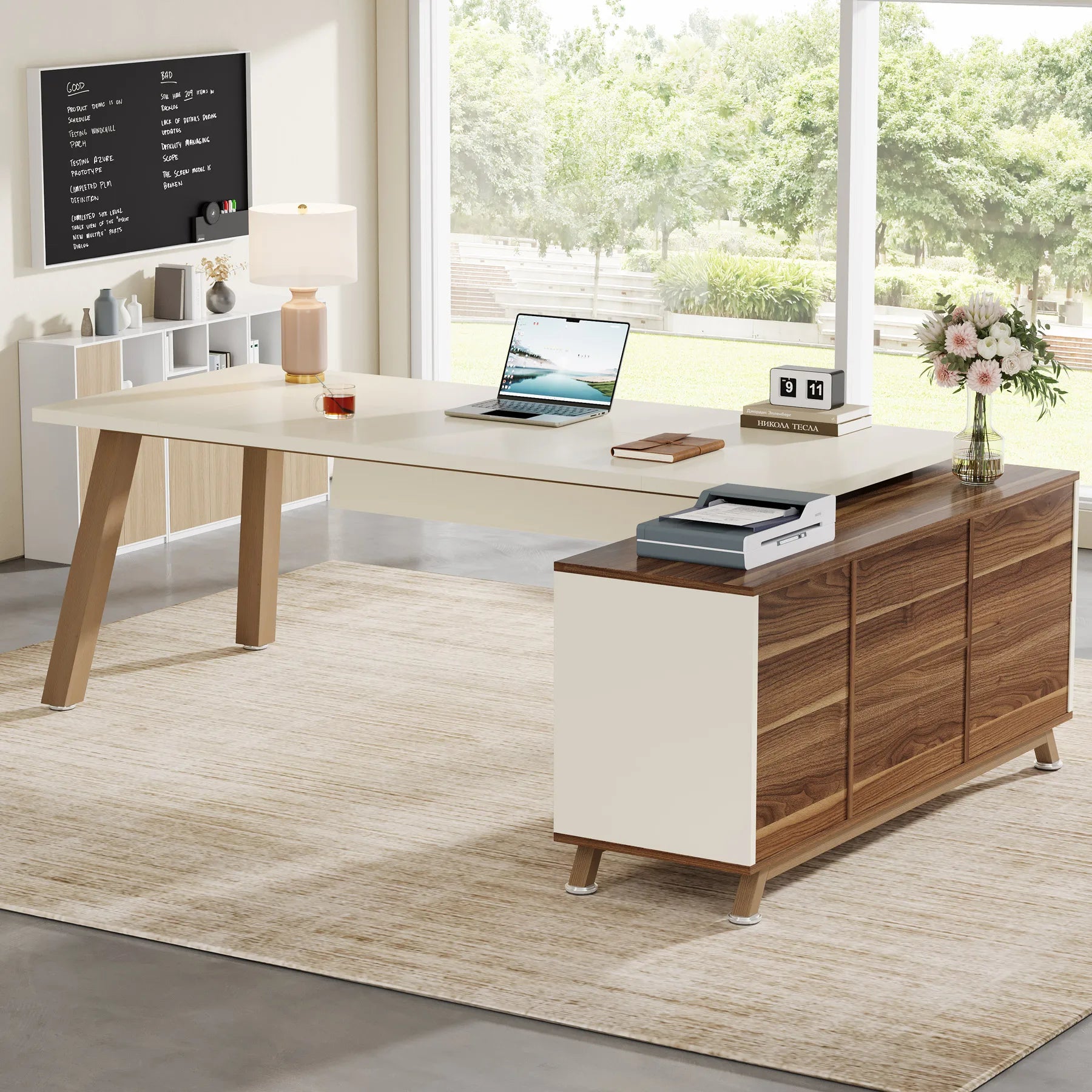 Tribesigns 78.7-Inch Executive Desk L-Shaped Desk with 55-Inch Cabinet Large Office Desk with Storage Shelves