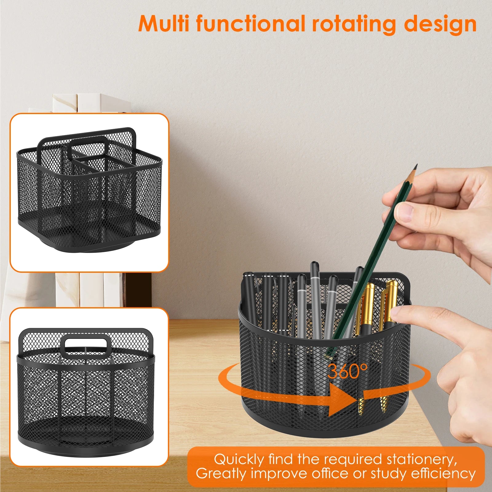 360 Degree Rotating Pen Holder Metal Mesh Large Capacity Desktop Office Supplies Student Stationery Storage Box