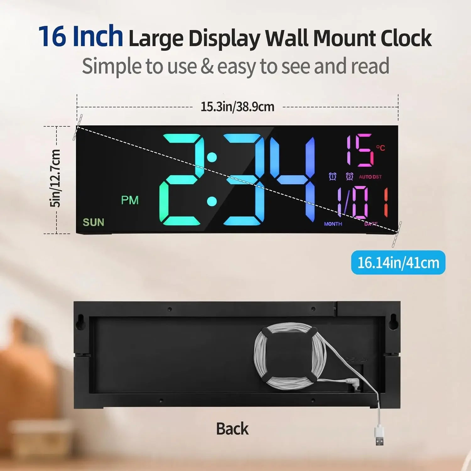 16.2’’ Large Digital Wall Clock with Remote Control Big LED/Dual Alarm/8 RGB Colors Digital Alarm Clock Electronic Watch