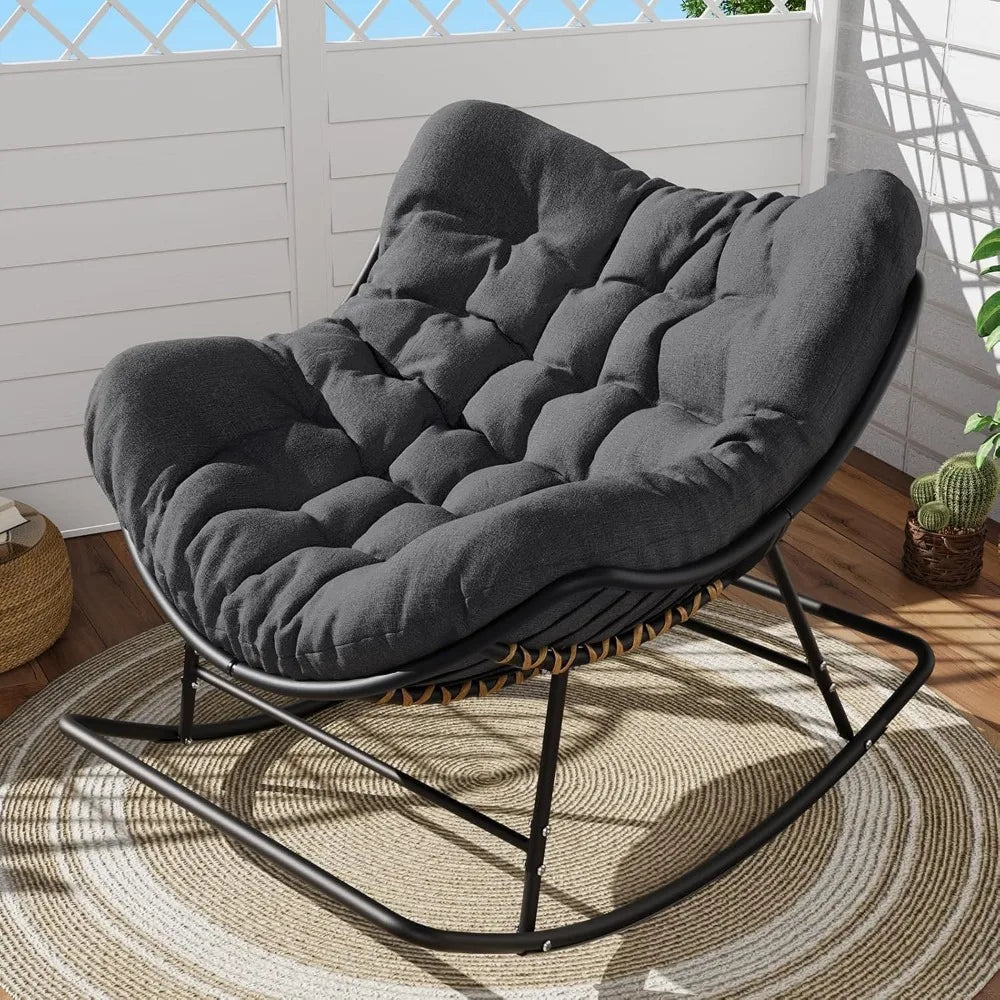 Papasan Rocking Chair Outdoor Indoor Oversized Egg Wicker Rocker with Cushion Supports 450 lbs Patio Chair for Balcony