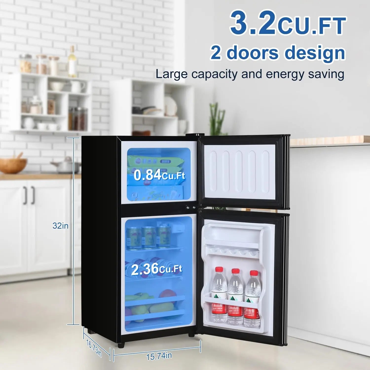 Mini Fridge with Freezer on Top 3.2 Cu.Ft Compact Refrigerator with 7 Levels Adjustable Thermostat Small Refrigerat