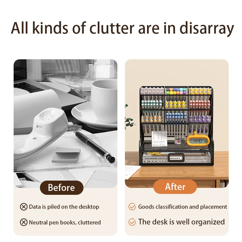 Desk Organizer Mesh Desktop Office Supplies Pen Holder Stationery Holder with 9 Compartments and 1 Drawer for Office