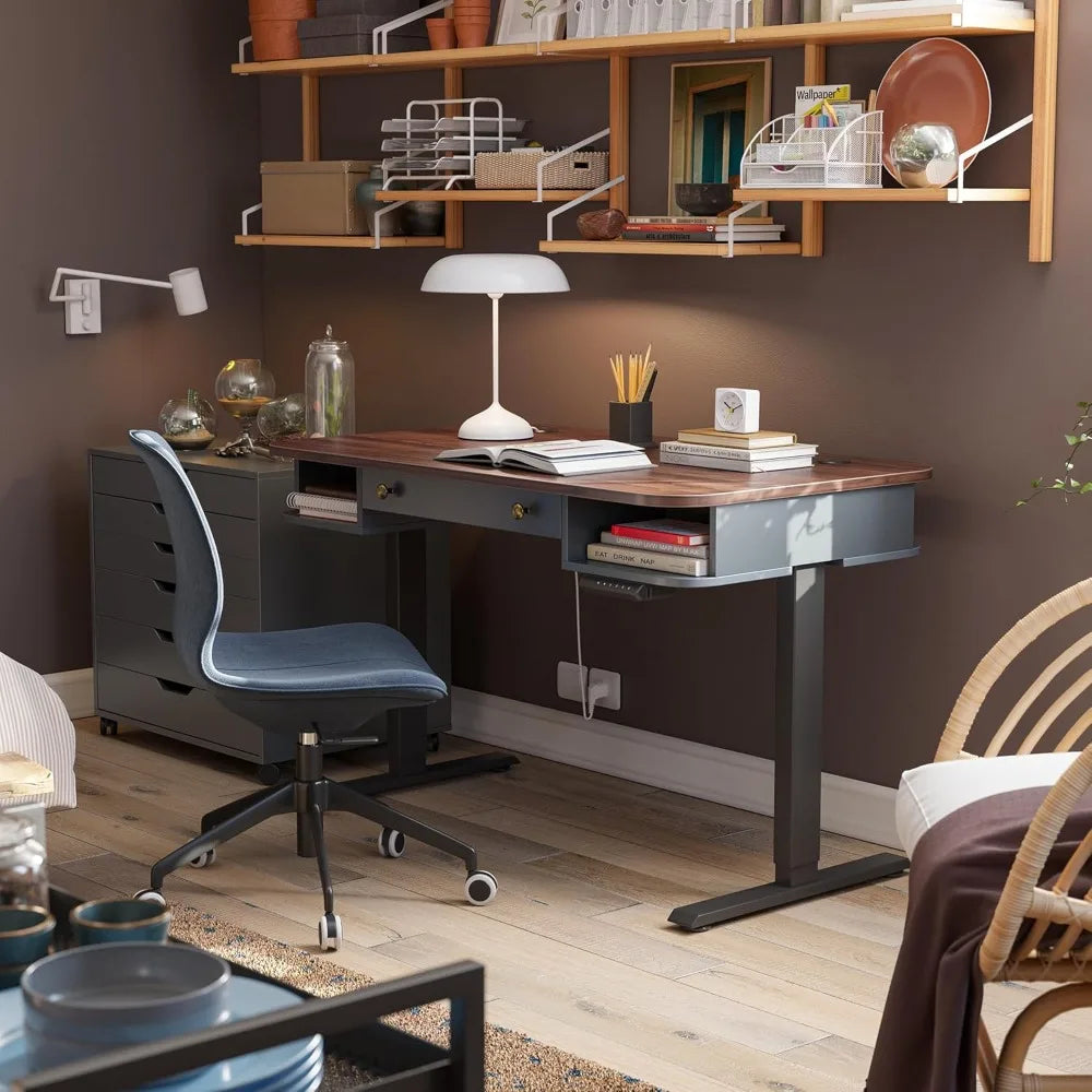 Whole Piece Mid Century Modern Electric Standing Desk with Drawer and Open Storage 48 x 24 Inches Sit Stand Home Office