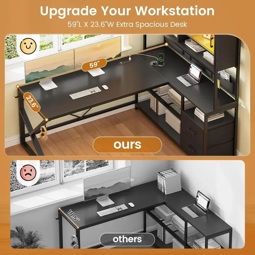 L Shaped Gaming Desk Home Office Computer Desk with 2 Drawer and Bookshelf L Shaped Gaming Desk with LED Light Glass