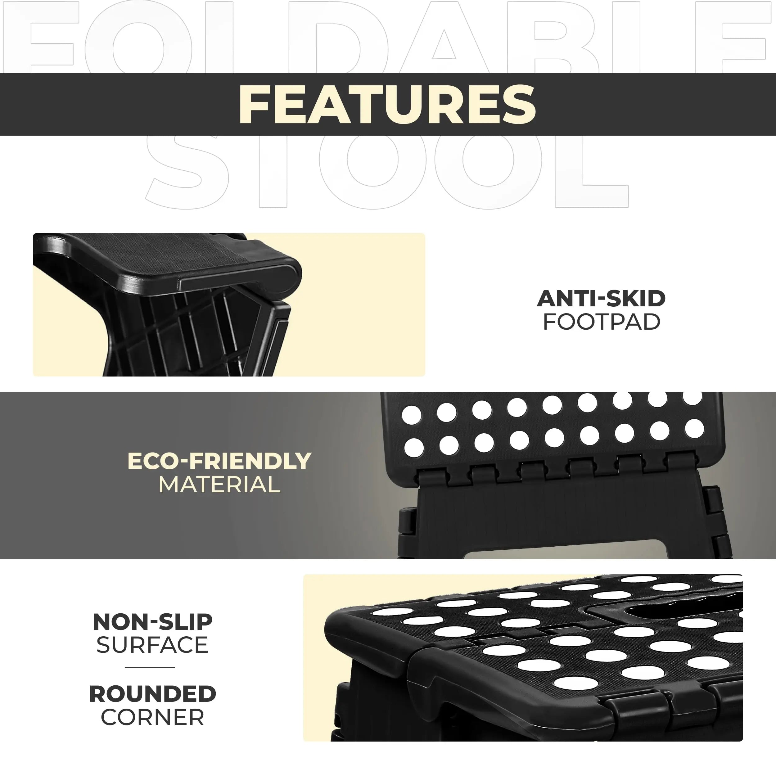 Foldable Step Stool Lightweight Non-Slip Folding Stool for Kitchen Bathroom Home Easy Storage Portable Sturdy Black