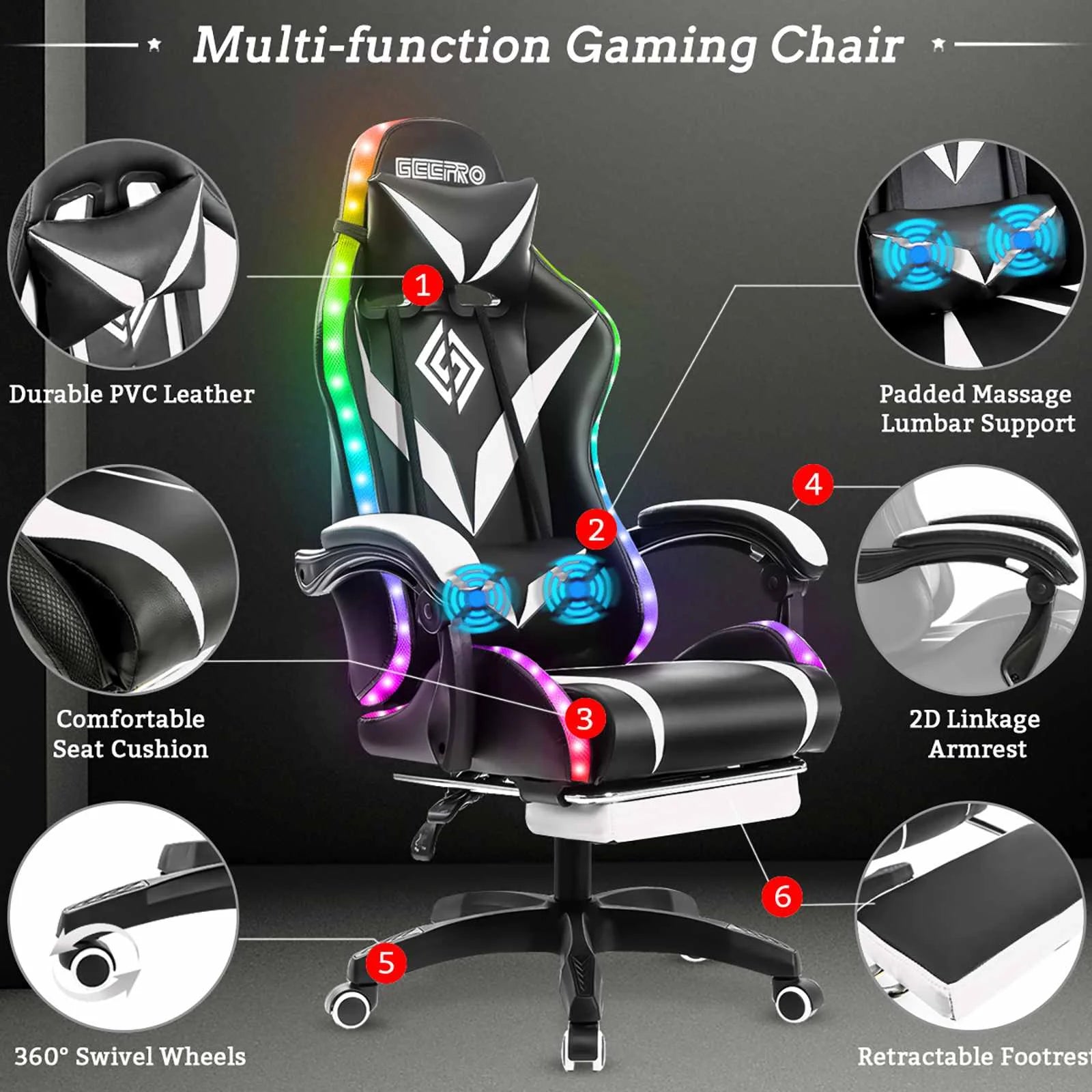 135 Degrees Gaming Chair RGB Light Office Chair Bluetooth Speaker Gamer Computer Chair Ergonomic Swivel 2 Point Massage
