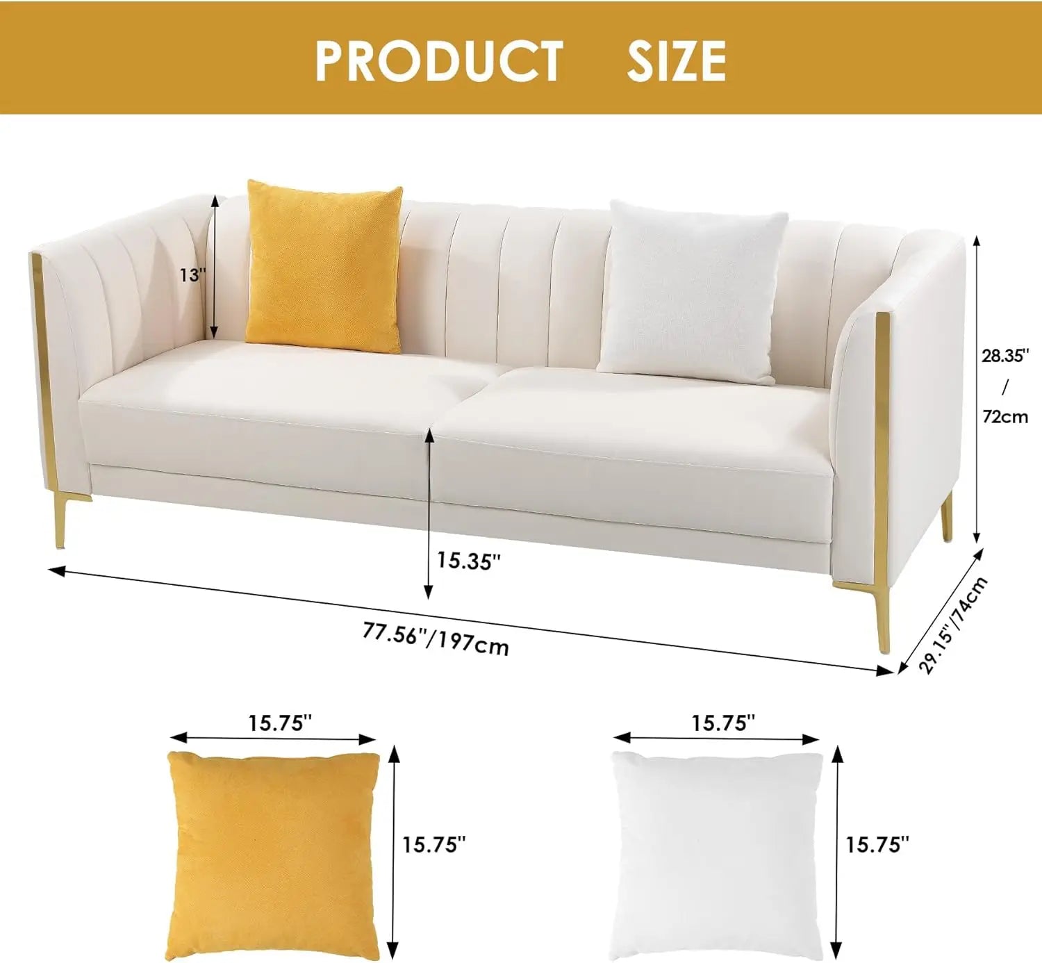 78’’ Sofa Modern White Couches for Living Room with 2 Throw Pillows Comfy Faux Leather Sofa 3 Seater Couch with Gold