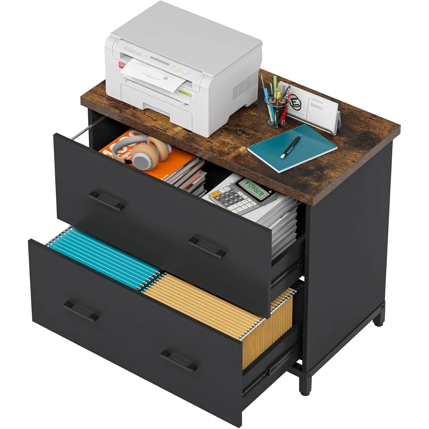 2-Drawer File Cabinet Wood Lateral Filing Cabinet for Home Office A4 Letter Size Brown and Black - United States / black