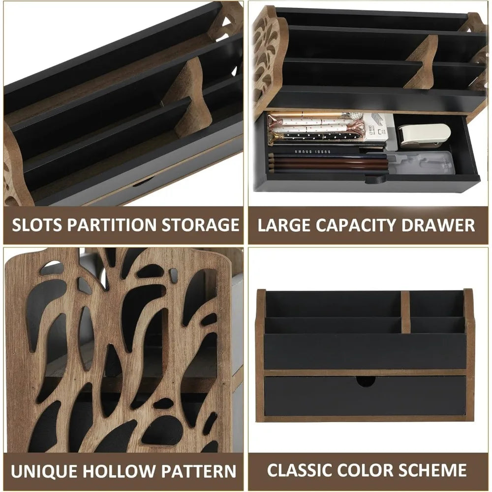 desk organizer with drawer wood file office mail organizer countertop-5 slot tabletop storage pen organizer letter