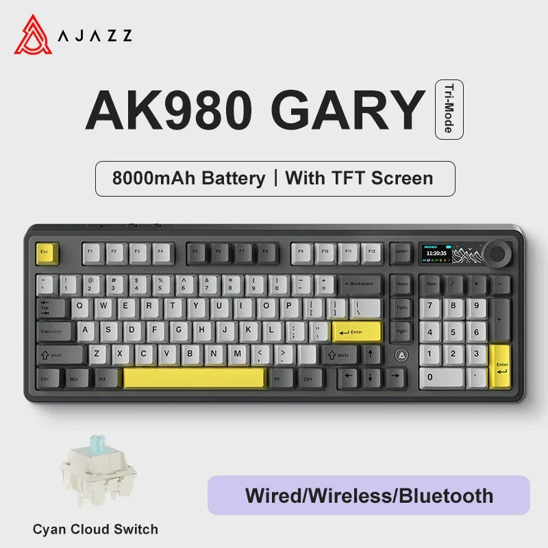 Ajazz AK980 Gaming Mechanical Keyboard with Color Screen 98 Keys RGB Bluetooth Wireless Keyboard Gamer 8000mAh For PC
