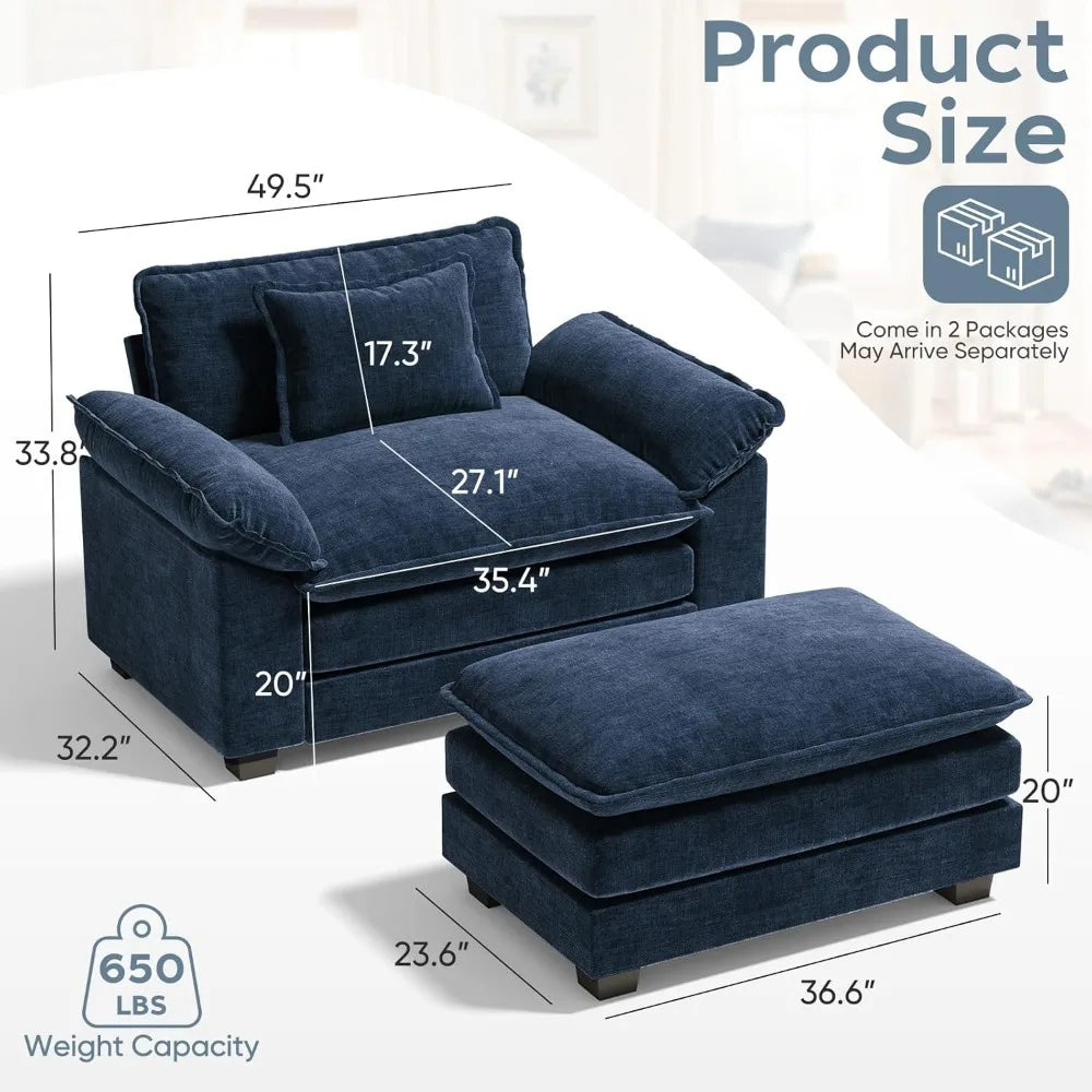 50’’ Oversized Chair with Movable Ottoman Chenille Comfy Cloud Sofa Accent Chair w/Large Seat and Armrests Modern Extra